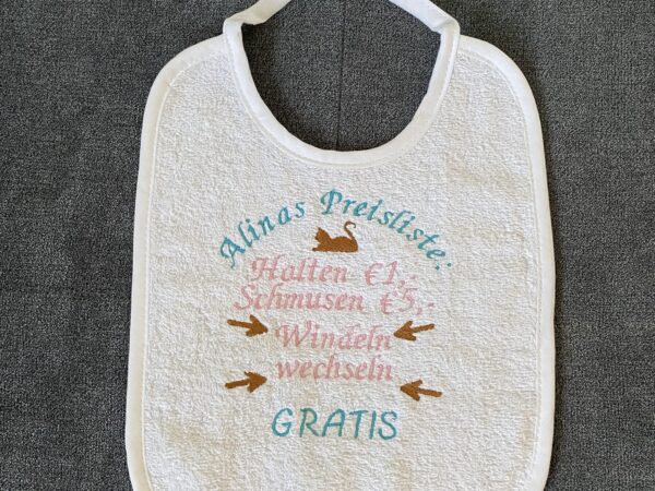 Lätzchen „Alinas Preisliste“